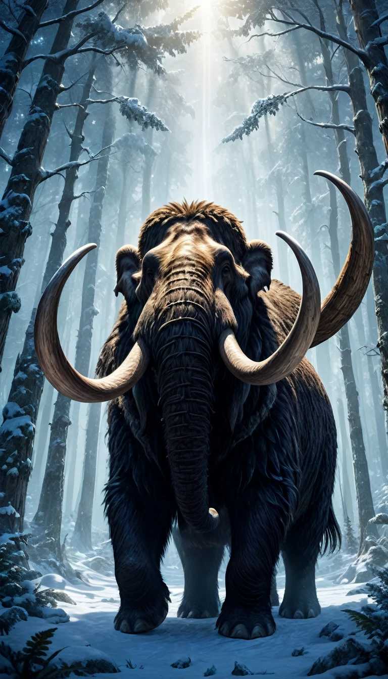 (Best quality, a high resolution:1.2), detailed fur texture, Majestic posture,victory cry, enchanted forest, magic lighting, Epic battle scene, mythical big mammoth,