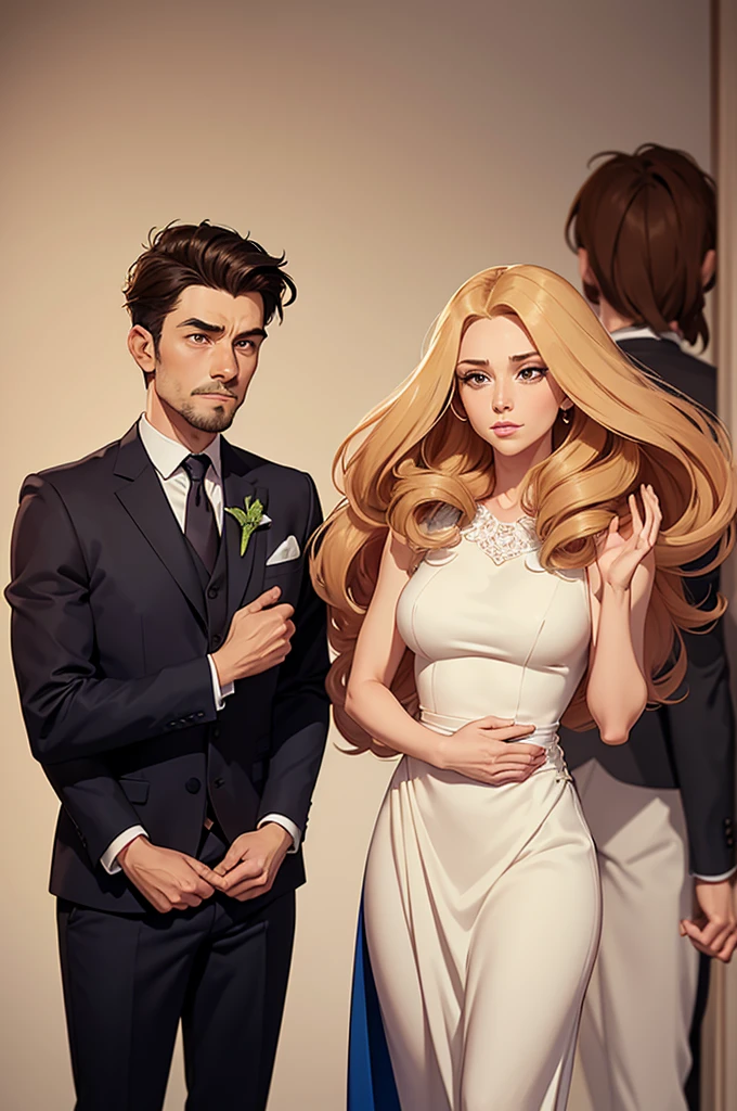 "An illustration of a man and a woman, with the man standing behind the woman and holding her hair. Both characters should be depicted standing, with the woman in front of the man. The style should be a combination of cartoon and caricature, with exaggerated, expressive features. The scene should focus on the interaction between the two characters, with a simple and light background."