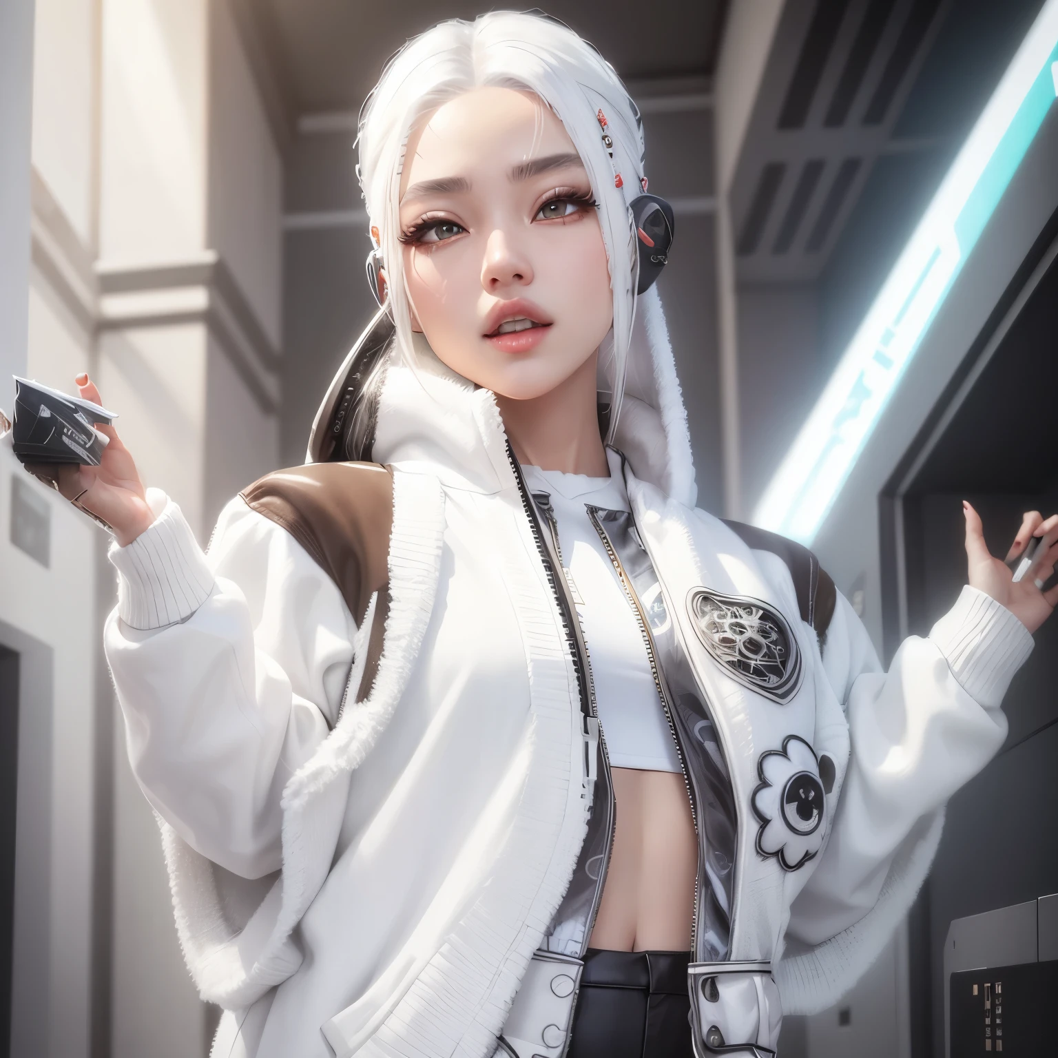 aVATAR SECOND LIFE Korean girl wearing white and brown hoodie, White hair, White hair, White hair, Asian, Perfect and detailed face, imvu, maximalist details, AVATAR SECOND LIFE Korean blusa , neon