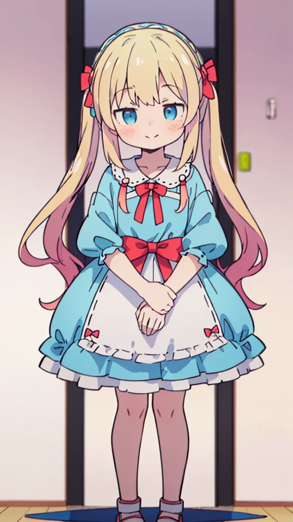 ((masterpiece))((Highest quality))girl、smile、blush、Flat Chest、Are thin、Blonde Hair、blush、Are standing、Whole body image、Eye level to the feet、front、No background、真frontのアングル、Blue clothes、Two-tone red and blue hair、Twin tails、Red Alice outfit