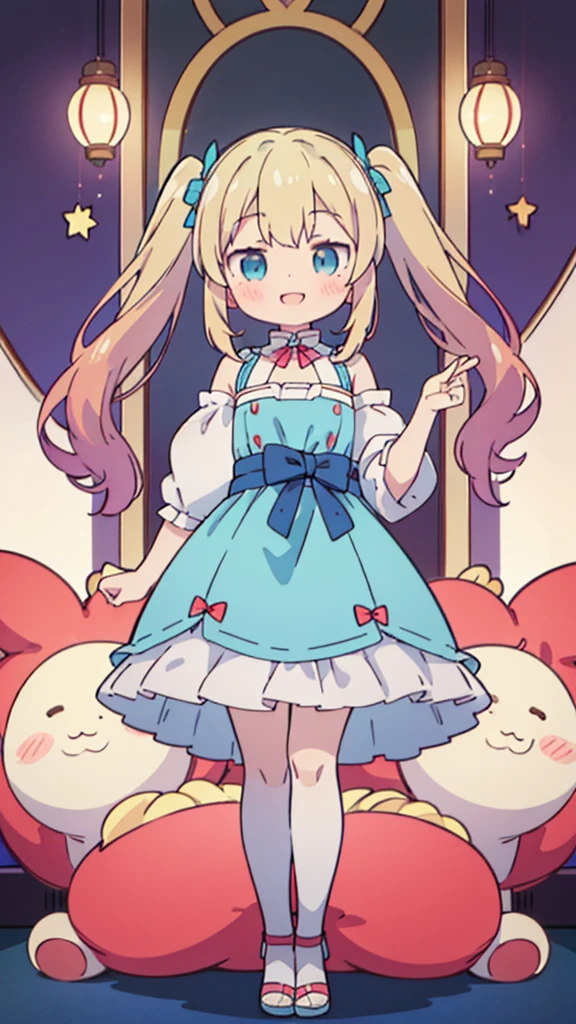 ((masterpiece))((Highest quality))girl、smile、blush、Flat Chest、Are thin、Blonde Hair、blush、Are standing、Whole body image、Eye level to the feet、front、No background、真frontのアングル、Blue clothes、Two-tone red and blue hair、Twin tails、Red Alice outfit