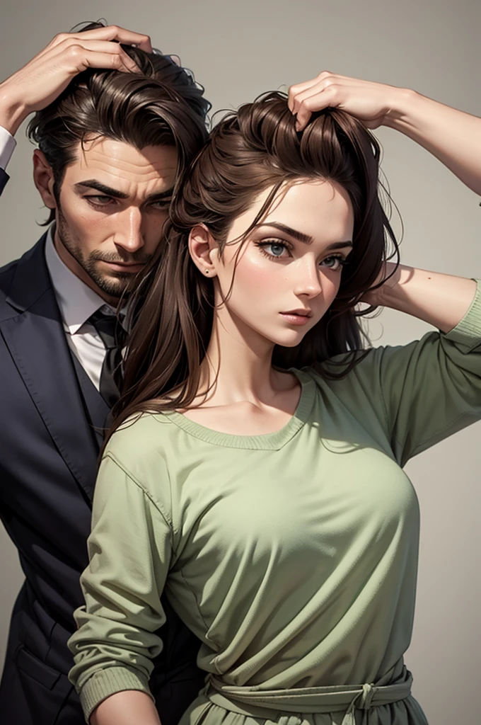 draw a man and a woman, the man is behind her holding her hair