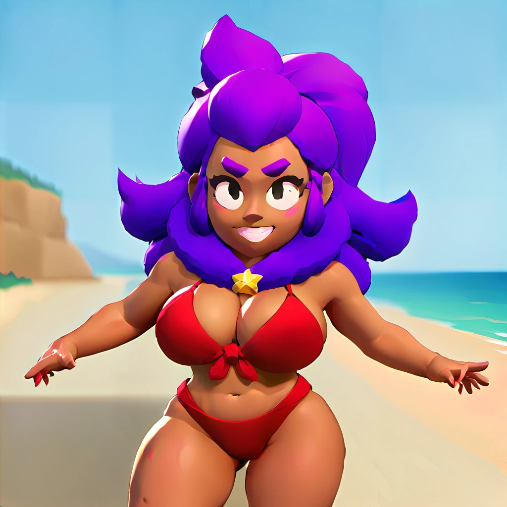 1 girl, woman_only, red bikini, long purple hair, dark skin, black eyes and eyebrows, thick thighs, big breasts, beach, ocean, giant breasts, extra thick thighs, smile, sexy pose, arms behind her neck