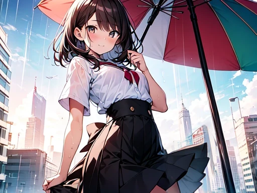Erase the hands and skirt and draw the buildings in the background.