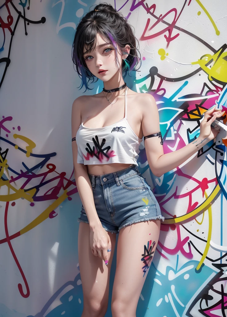 tmasterpiece， Best quality at best， solo， short crop top， denim short， choker necklace， （scribbles：1.5）， paint splatter， place one's arms behind one's back， against a wall， looking at viewert，（Hand holding spray paint：1.5） armlets， thigh band， Paint on the body， tilt of the head， having fun， Hair color， Water-colored eyes， earphone，(graffiti wall:1.5)（Full body like；1.5）