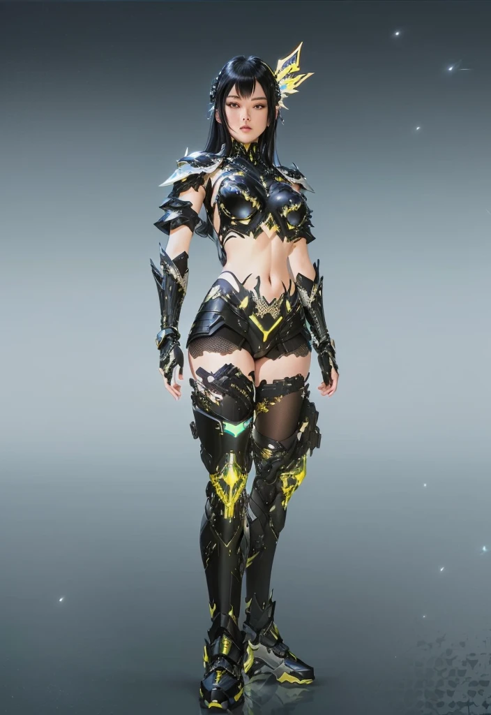 a close up of a person in a costume with a sword, shiny hi tech armor, pale black armor, black shiny armor, clothed in ethereal battle armor, sliver ice color reflected armor, ornate bikini armor, sleek glowing armor, black fire color reflected armor, black armor with yellow accents, goth cybersuit, glossy white armor, cyberpunk pearl armor