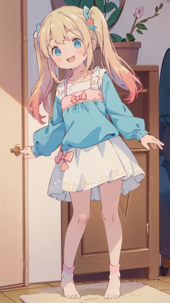 ((masterpiece))((Highest quality))girl、smile、blush、Flat Chest、Are thin、Blonde Hair、blush、Are standing、Whole body image、Eye level to the feet、front、No background、真frontのアングル、Blue clothes、Two-tone red and blue hair、Twin tails、Red Alice outfit