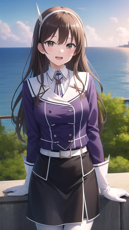 ((masterpiece)),(best quality),official art,extremely detailed CG,unity 8k wallpaper,ultra detailed,A lighthouse on a cliff by the sea,1girl,solo,cowboy shot,long_hair,brown_hair,purple_jacket,pencil_skirt,black_skirt,white_pantyhose,white_gloves,wavy_hair,brown_eyes,white_hairband,long_sleeves,smile,belt,looking_at_viewer,military_uniform,open_mouth,