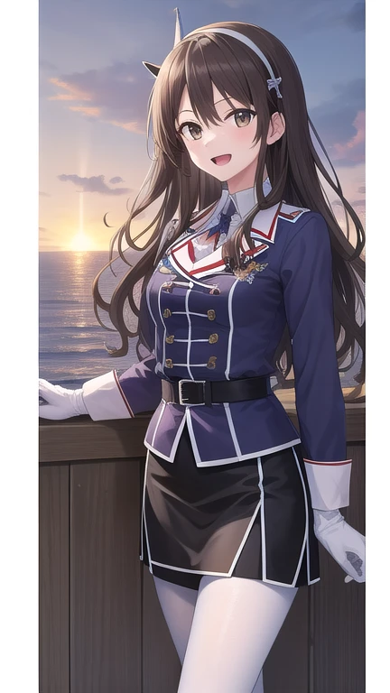 ((masterpiece)),(best quality),official art,extremely detailed CG,unity 8k wallpaper,ultra detailed,A lighthouse on a cliff by the sea,1girl,solo,cowboy shot,long_hair,brown_hair,purple_jacket,pencil_skirt,black_skirt,white_pantyhose,white_gloves,wavy_hair,brown_eyes,white_hairband,long_sleeves,smile,belt,looking_at_viewer,military_uniform,open_mouth,
