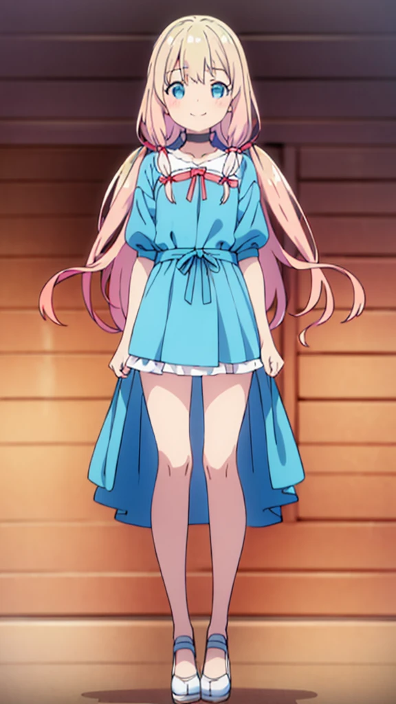 ((masterpiece))((Highest quality))girl、smile、blush、Flat Chest、Are thin、Blonde Hair、blush、Are standing、Whole body image、Eye level to the feet、front、No background、真frontのアングル、Blue clothes、Two-tone red and blue hair、Twin tails、Red Alice outfit