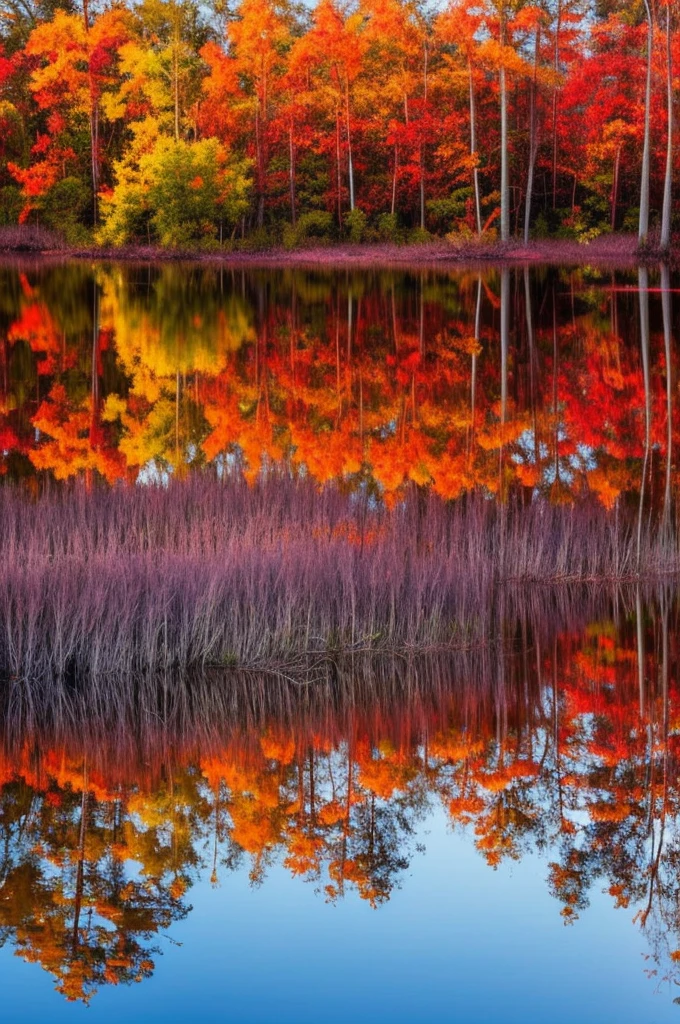 trees in a swamp with red leaves reflected in water, swamps, cypress trees, water reflection!!!!!, louisiana swamps, red reflections, swamp forest, scene from louisiana swamps, incredible reflections, amazing color photograph, image full of reflections, eerie colors, water reflections, water mirrored water, floating trees, full of reflections, bayou, muted fall colors