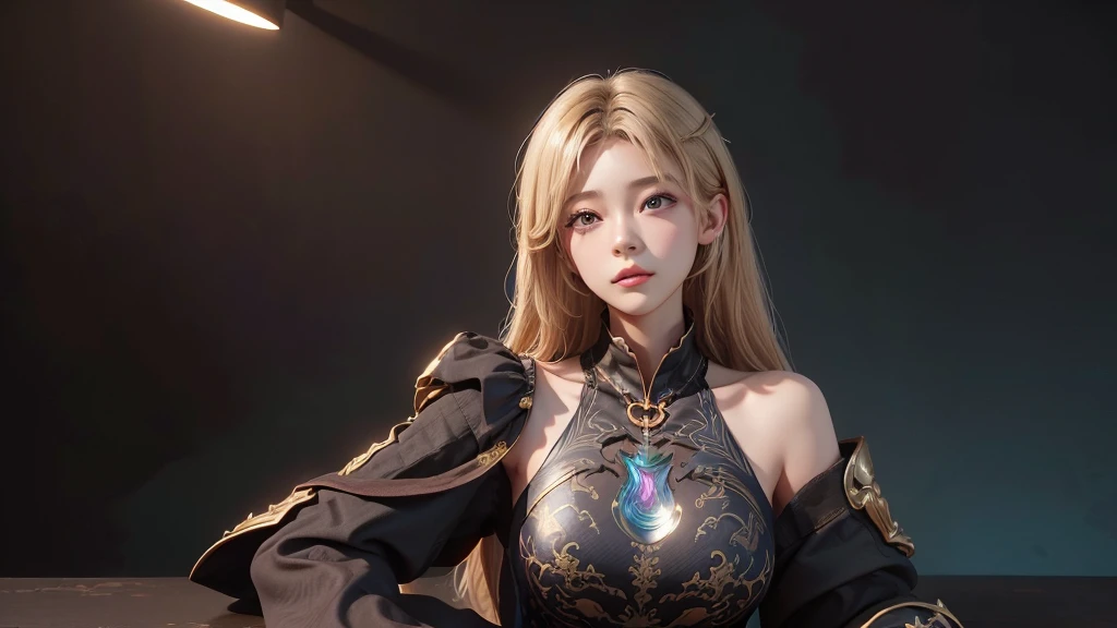 Polychrome,, night, dark, blonde, Show Viewer, In-person audience, Limited Edition Palette, Dragon Background, Shine,(Highly detailed CG Unity 8k wallpaper),(masterpiece), (Highest quality), (Vaporwave Style), (Super detailed), (Best illustrations),(Best Shadow),Perfect lighting , Perfect Anatomy , Vibrant colors、