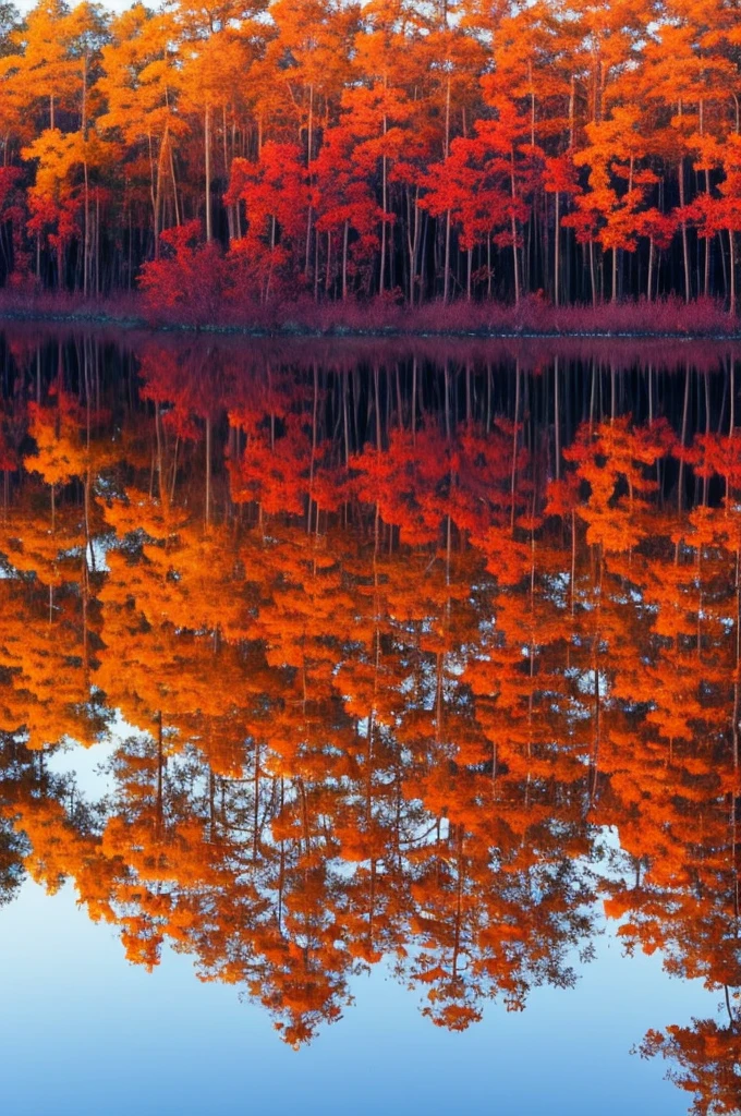 trees in a swamp with red leaves reflected in water, a digital rendering by Michael James Smith, flickr, environmental art, swamps, cypress trees, water reflection!!!!!, louisiana swamps, red reflections, swamp forest, scene from louisiana swamps, amazing color photograph, incredible reflections, image full of reflections, eerie colors, water reflections, water mirrored water, floating trees