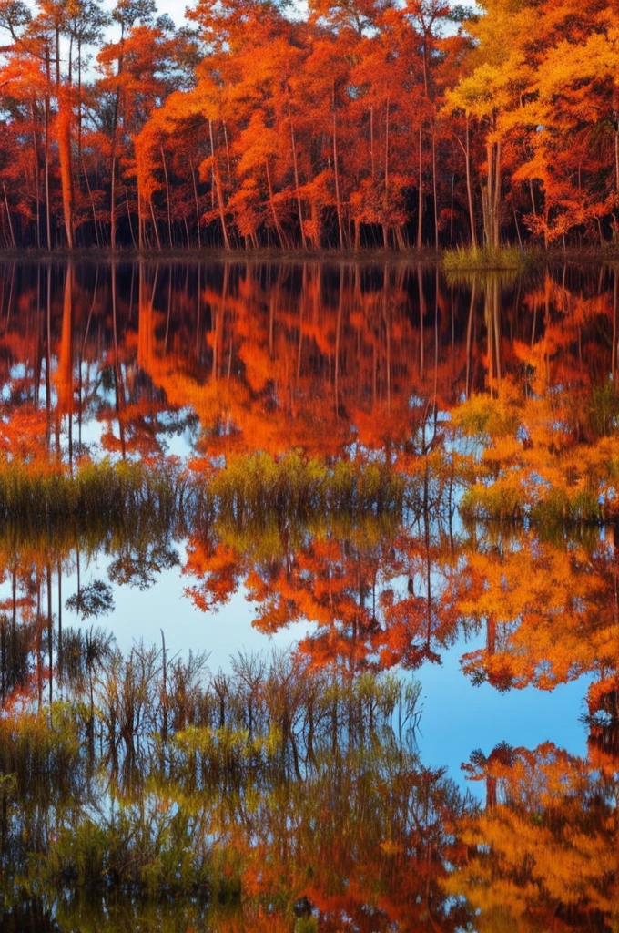 trees in a swamp with red leaves reflected in water, a digital rendering by Michael James Smith, flickr, environmental art, swamps, cypress trees, water reflection!!!!!, louisiana swamps, red reflections, swamp forest, scene from louisiana swamps, amazing color photograph, incredible reflections, image full of reflections, eerie colors, water reflections, water mirrored water, floating trees