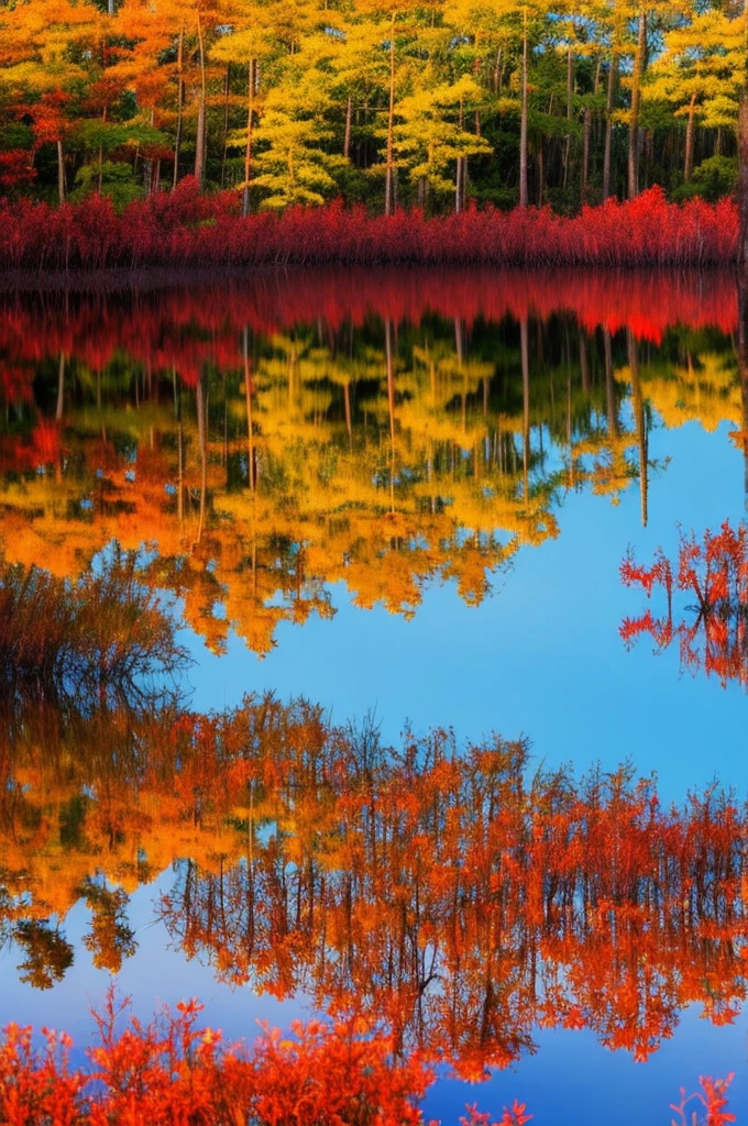 trees in a swamp with red leaves reflected in water, a digital rendering by Michael James Smith, flickr, environmental art, swamps, cypress trees, water reflection!!!!!, louisiana swamps, red reflections, swamp forest, scene from louisiana swamps, amazing color photograph, incredible reflections, image full of reflections, eerie colors, water reflections, water mirrored water, floating trees