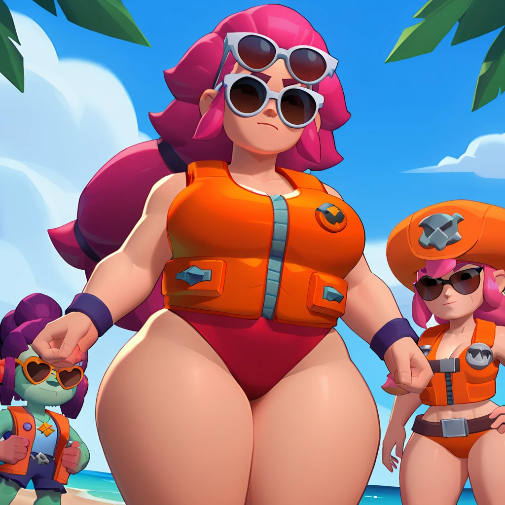 a blue-skinned triceratops, female, triceratops animals, Dwarf, wearing a red swimsuit and sunglasses, with a pink and white life jacket, brawl, brawl stars, pink hair, big breasts, thick thighs, only hands on her breasts