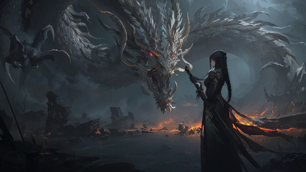 Anime style artwork,A woman holds a stick in front of a dragon, Epic fantasy digital art style, 4K fantasy art, Epic Fantasy Artwork, author:Yang Jie, epic fantasy illustration, dark fantasy style art, detailed fantasy art, dragon queen, epic fantasy game art, movie fantasy painting, epic fantasy art style, dark fantasy artwork