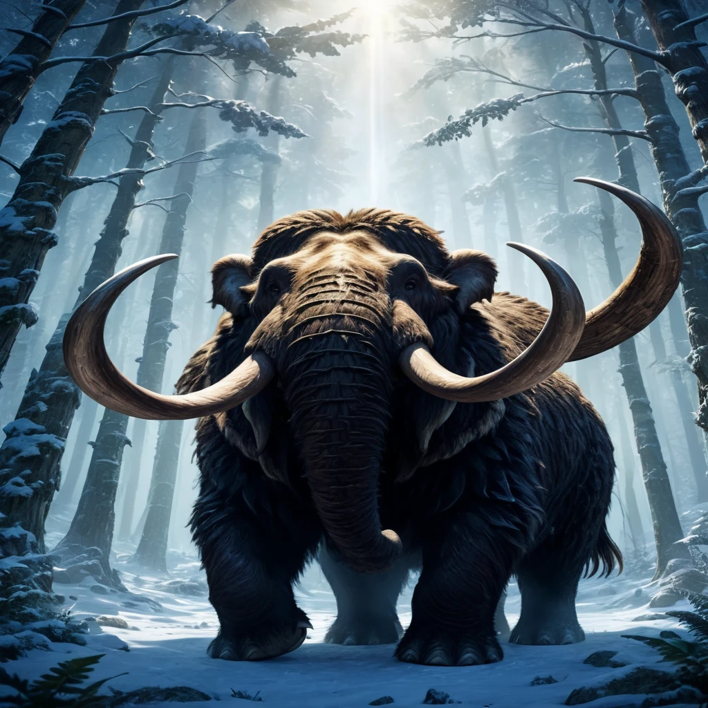 (Best quality, a high resolution:1.2), detailed fur texture, Majestic posture,victory cry, enchanted forest, magic lighting, Epic battle scene, mythical big mammoth, 