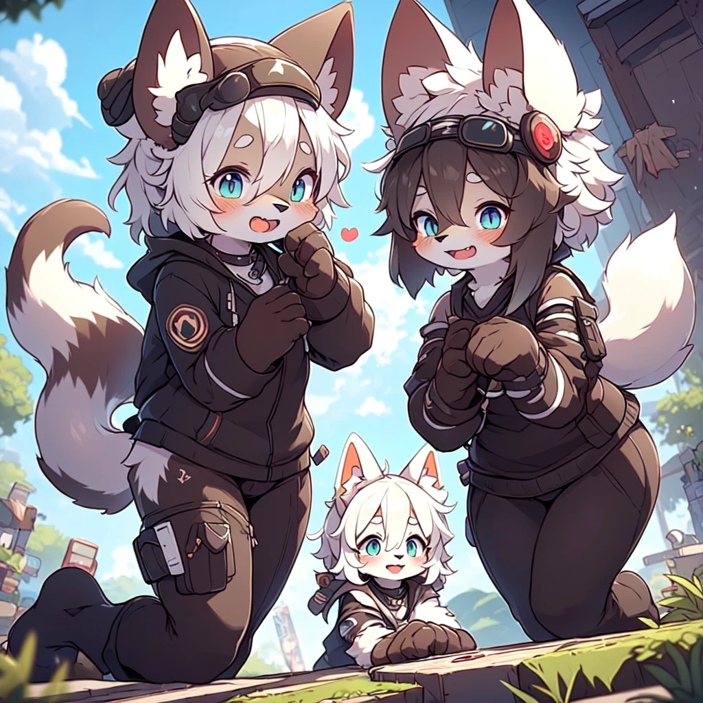 Kawaii, Striped Fluffy Fox, emaciated, long hair, 3girls, artificial synthetic skin, life support prosthetics, digital headphones, black tight latex bodysuit, white long dress, thigh-high-socks, shorts, loose off-the-shoulder hood open jacket, holsters in thigh, Mechanical boots, tactical knee pads, tactical belted loose Arm Sleeves, cybernetic Display gloves, chest rigs, tactical belts, blue archive halo, bulletproof goggles on forehead, from Ark nights, ray tracing, depth of field, bloom, masterpiece, ccurate, high details, highres, best quality,best resolution,(fluffy anthro furry :1.6),(young :1.6),cat girl,small breasts,light grey hair,long hair,wavy hair,curvy hair,light grey fur,pink eyes,glistering eyes,sparkle eyes,circle glasses,heart collar,maid outfit,maid headdress,maid gloves,ruffles,beautiful cafe,white light,looking at viewer,full face blush,horny face,smile,heart eyes,heart expression eyes,open mouth,straddle viewer,girl on top,low angle,front view,heavy breath,hands on viewer