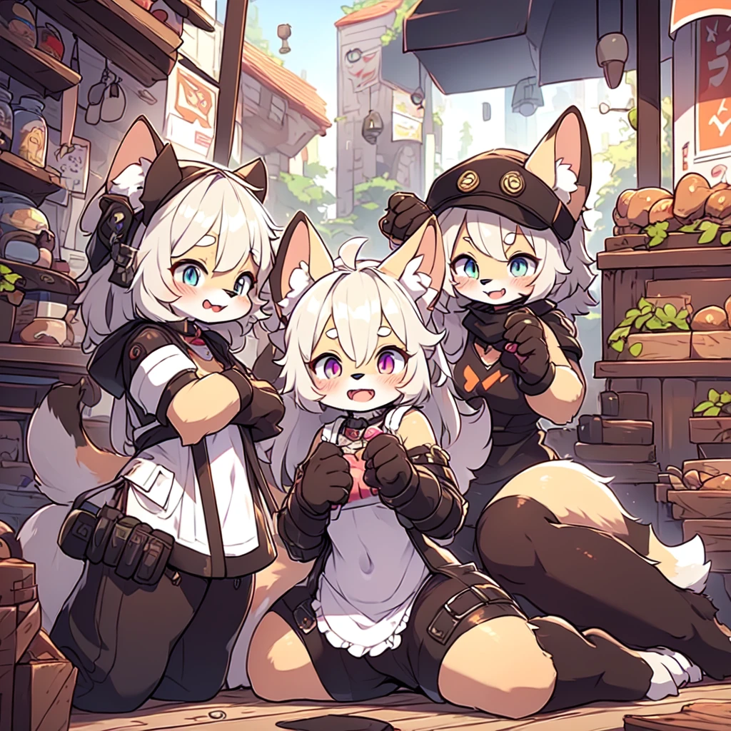Kawaii, Striped Fluffy Fox, emaciated, long hair, 3girls, artificial synthetic skin, life support prosthetics, digital headphones, black tight latex bodysuit, white long dress, thigh-high-socks, shorts, loose off-the-shoulder hood open jacket, holsters in thigh, Mechanical boots, tactical knee pads, tactical belted loose Arm Sleeves, cybernetic Display gloves, chest rigs, tactical belts, blue archive halo, bulletproof goggles on forehead, from Ark nights, ray tracing, depth of field, bloom, masterpiece, ccurate, high details, highres, best quality,best resolution,(fluffy anthro furry :1.6),(young :1.6),cat girl,small breasts,light grey hair,long hair,wavy hair,curvy hair,light grey fur,pink eyes,glistering eyes,sparkle eyes,circle glasses,heart collar,maid outfit,maid headdress,maid gloves,ruffles,beautiful cafe,white light,looking at viewer,full face blush,horny face,smile,heart eyes,heart expression eyes,open mouth,straddle viewer,girl on top,low angle,front view,heavy breath,hands on viewer