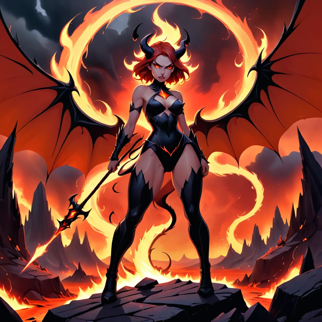 generate a dark, surreal, and intense illustration in a high-fantasy style. The scene is set in a hellish landscape with a blazing inferno in the background, casting an intense orange and red glow. In the foreground, there are three nude demon-like women with bat wings and various dark, seductive features. They are posed seductively on rocky outcrops surrounding a central pit filled with flames and tormented souls. One of the women has her arm raised towards the sky, where lightning bolts crackle. Another is crawling forward, while the third is kneeling with her back arched. In the distance, a larger demonic figure with horns and a menacing presence looms over the scene, holding a staff. The overall mood is chaotic and apocalyptic, with smoke, fire, and dark energy filling the atmosphere.