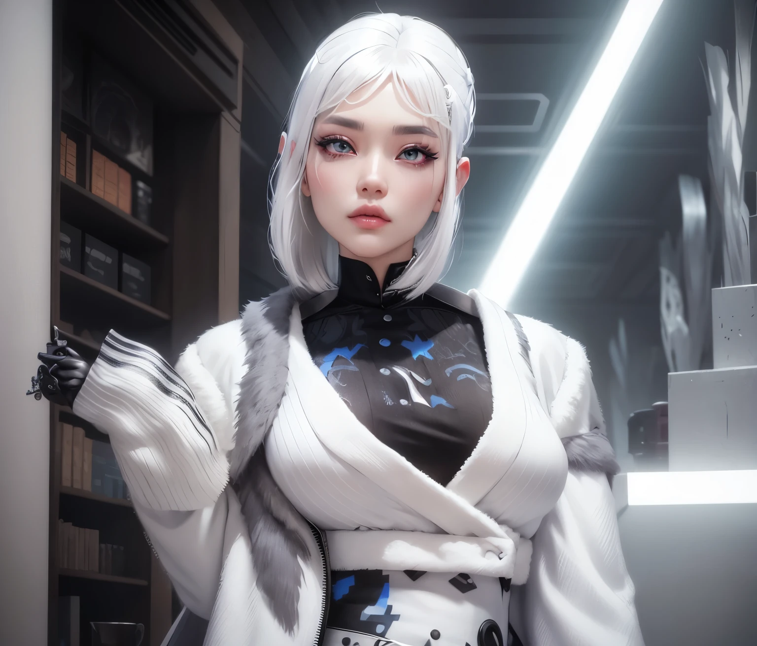 aVATAR SECOND LIFE Korean girl wearing white blouse and gray coat, White hair, White hair, White hair, Asian, Perfect and detailed face, imvu, maximalist details, AVATAR SECOND LIFE Korean blusa , neon