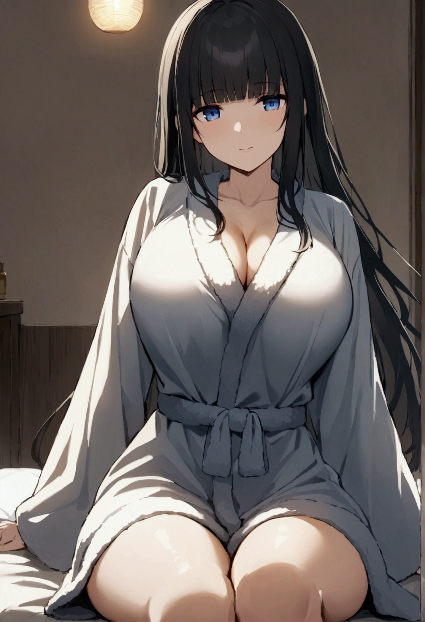 Hime cut with long black hair、Has straight bangs and blue eyes、A girl with big breasts is in her bedroom wearing a bathrobe。She is sitting on the bed and relaxing。The background depicts a comfortable bedroom.。The girl has a calm and satisfied look.。