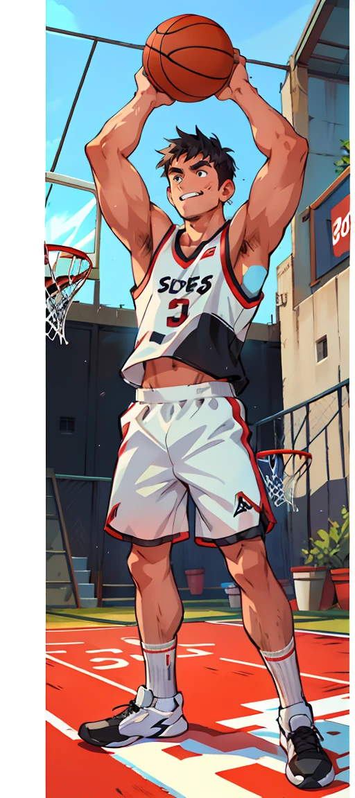raw, 8k, high detail, illustration, basketball court, (1 boy: 1.2), 18 years old, basketball player, black eyes, black hair, shorts, white socks, tracksuit, round face, shyness, tank top, armpit hair