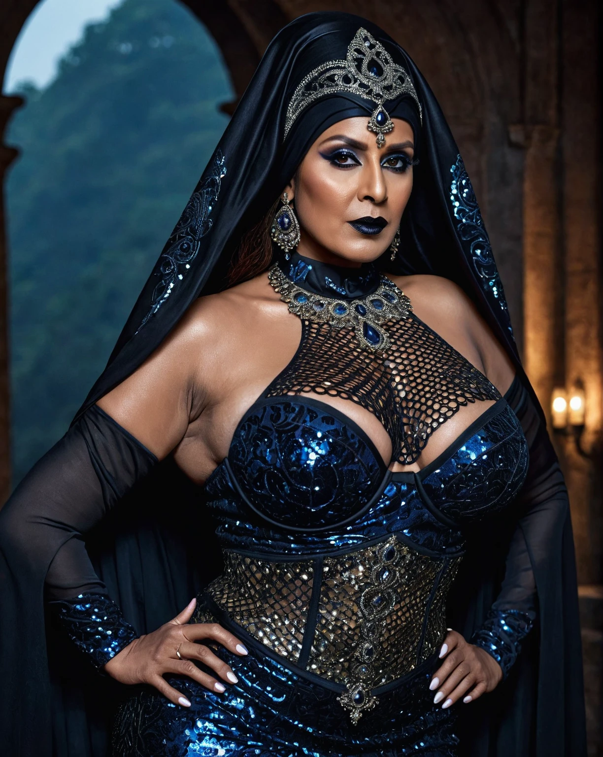 Looks like Nayanthara, milf, cougar lady witch, horny Gothic milf, 50 years old gorgeous mature lady, pervert demoness, demoness of lust, curvy, black lips, horny face, extremely gorgeous, thick figure, heavy physique, voluptuous, curvy, sexy figure, Fashionable portrait of androgynous alien looking witch wearing veil, glowing eyes, futuristic design, minimal details, givenchy, photoreal, 200mm, hd, f/ 2.0, highly detailed, surreal, sexy beautiful evil woman, sexy bold sequin Saree with strapless Bra, chudail, Pishachini, horror genre, blood-thirsty enchantress, powerful female spirit, eerie, drop dead, in the style of red and blue, (intricate details, hyperdetailed:1.15) (skin texture:1.2), dark Moody tone, cinematic lighting, haunted place in background,