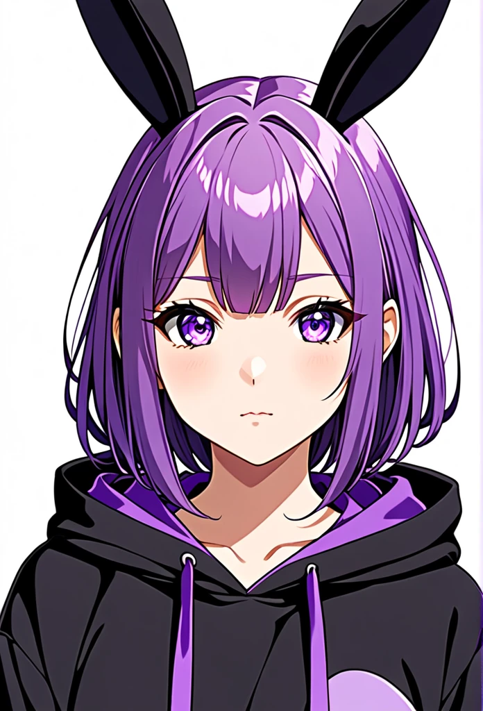   anime girl wearing black hoodie with short purple hair, with big purple bunny ears and purple eyes