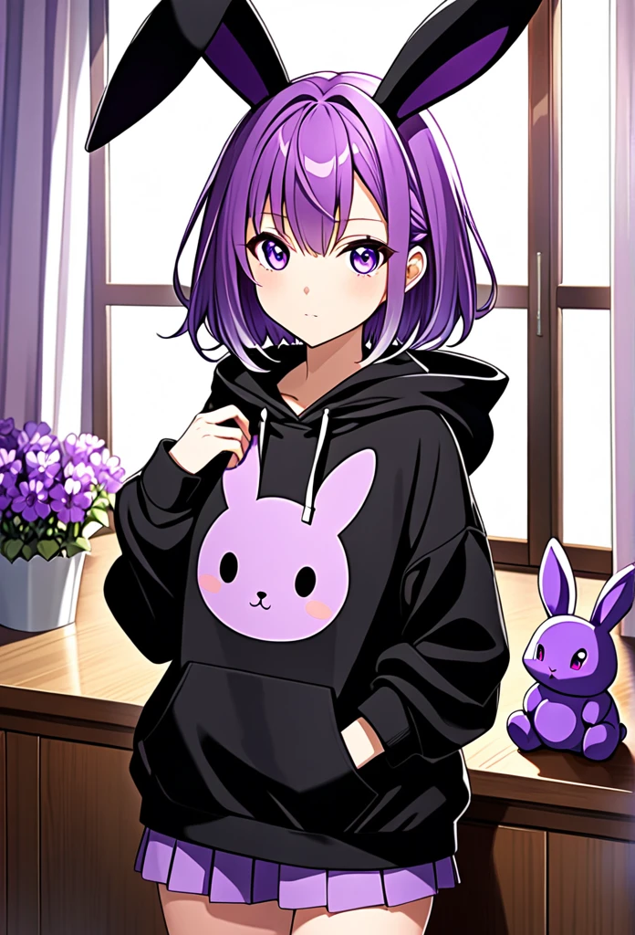anime girl wearing black hoodie with short purple hair, with big purple bunny ears and purple eyes