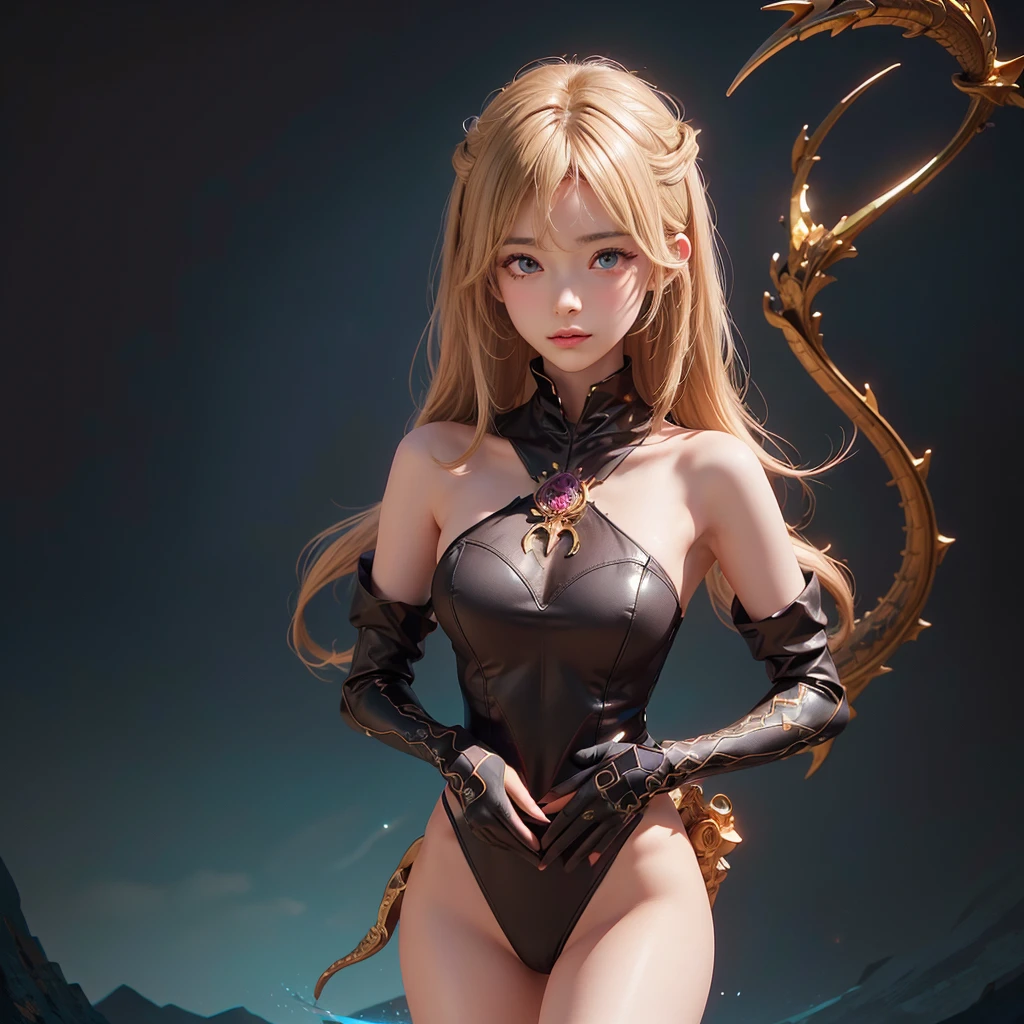 Polychrome,, night, dark, blonde, Show Viewer, In-person audience, Limited Edition Palette, Dragon Background, Shine,(Highly detailed CG Unity 8k wallpaper),(masterpiece), (Highest quality), (Vaporwave Style), (Super detailed), (Best illustrations),(Best Shadow),Perfect lighting , Perfect Anatomy , Vibrant colors、