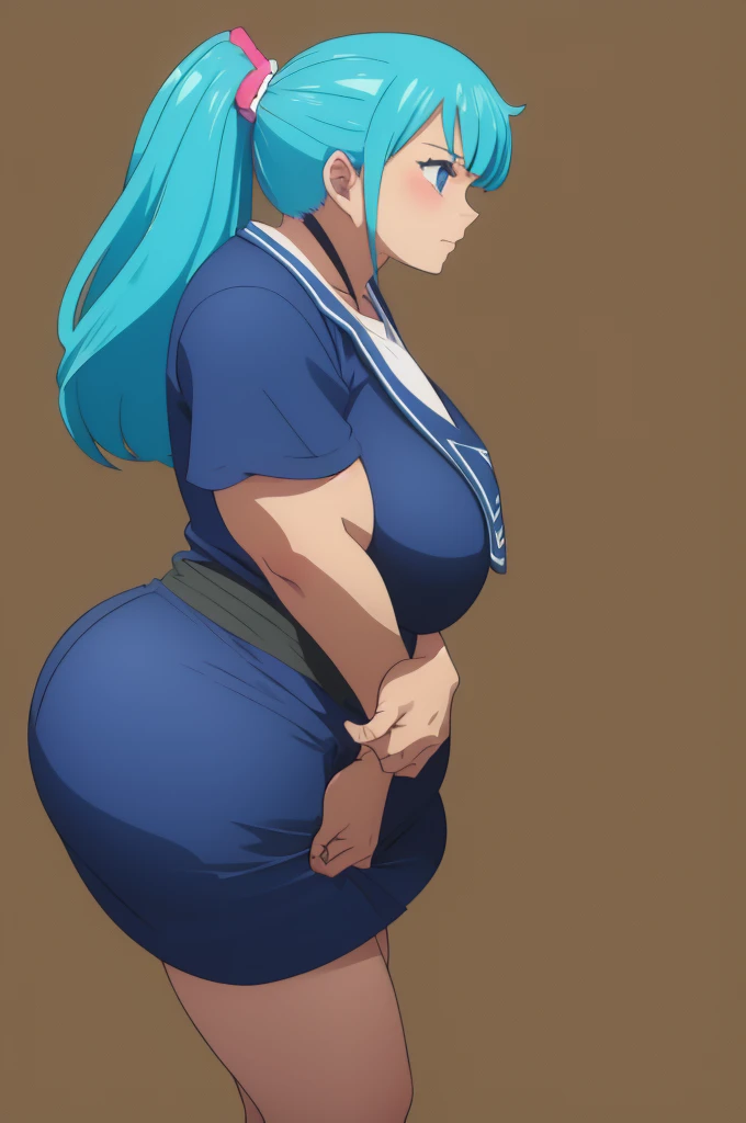 Short girl and has super big breasts and she has cyan blue hair and she wears tight school clothes and she is a little cute and has thick, strong and muscular glutes 