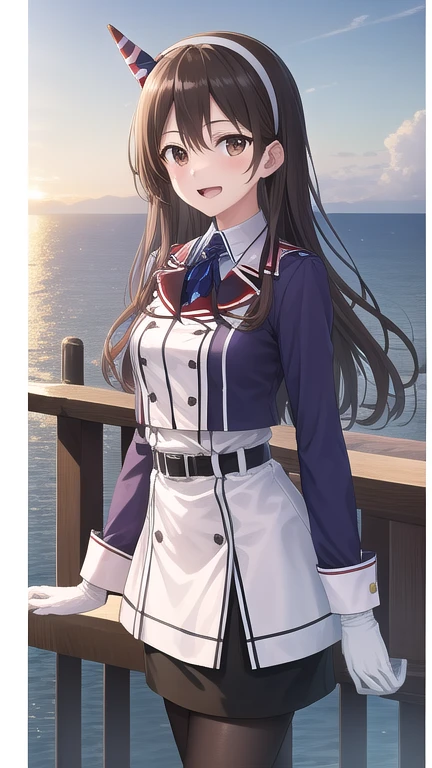 ((masterpiece)),(best quality),official art,extremely detailed CG,unity 8k wallpaper,ultra detailed,A lighthouse on a cliff by the sea,1girl,solo,cowboy shot,long_hair,brown_hair,purple_jacket,pencil_skirt,black_skirt,white_pantyhose,white_gloves,wavy_hair,brown_eyes,white_hairband,long_sleeves,smile,belt,looking_at_viewer,military_uniform,open_mouth,