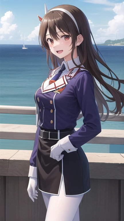 ((masterpiece)),(best quality),official art,extremely detailed CG,unity 8k wallpaper,ultra detailed,A lighthouse on a cliff by the sea,1girl,solo,cowboy shot,long_hair,brown_hair,purple_jacket,pencil_skirt,black_skirt,white_pantyhose,white_gloves,wavy_hair,brown_eyes,white_hairband,long_sleeves,smile,belt,looking_at_viewer,military_uniform,open_mouth,