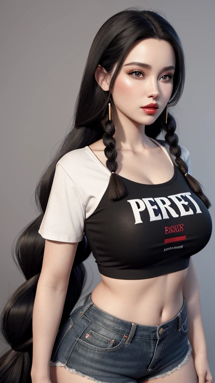 Perfect face, curvy body with huge chest,woman with very long blonde -black hair and very large blonde-black hair , very long braids hairstyles,gray eyes, red lips, wearing clothes a Short shorts with a cropped t-shirt , 3D,Fantasy,Artstation,Illustration, perfect facial 