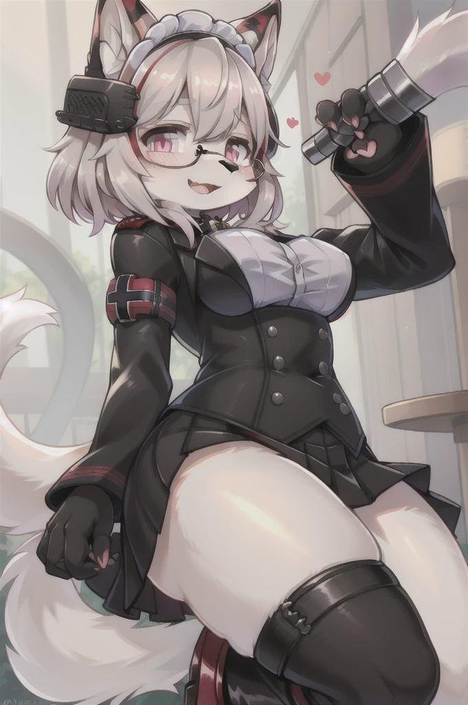 masterpiece, best quality, RoonV4, 1girl, solo, looking at viewer, smile, skirt, shirt, gloves, long sleeves, closed mouth, standing, jacket, upperbody, sidelocks, pleated skirt, boots, black gloves, collared shirt, miniskirt, black skirt, black footwear, black jacket, buttons, headgear, knee boots, cross, armband, grey shirt, cropped jacket, iron cross,katana,katana in hand,Japanese katana,long blade katana,katana held with right hand,katana long blade 60cm, best quality,best resolution,(fluffy anthro furry :1.6),(young :1.6),cat girl,small breasts,light grey hair,long hair,wavy hair,curvy hair,light grey fur,pink eyes,glistering eyes,sparkle eyes,circle glasses,heart collar,maid outfit,maid headdress,maid gloves,ruffles,beautiful cafe,white light,looking at viewer,full face blush,horny face,smile,heart eyes,heart expression eyes,open mouth,straddle viewer,girl on top,low angle,front view,heavy breath,hands on viewer