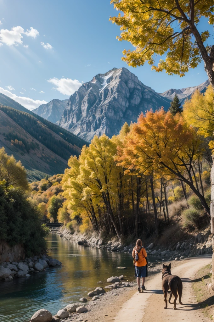 Mountains with rivers and orange trees and a dog.