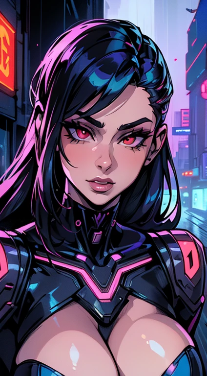 (best quality,4k,8k,highres,masterpiece:1.2), ultra-detailed, (realistic,photorealistic,photo-realistic:1.37), portraits, devil red eyes, gorgeous woman, cyberpunk background, futuristic, neon lights, smoky atmosphere, reflective surfaces, glowing tattoos, metallic elements, extravagant hairstyle, provocative fashion, seductive gaze, vibrant colors, dynamic pose, cityscape, urban chaos, technologically advanced, augmented reality, holographic projections, dystopian ambiance, skyscrapers, flying vehicles, rain-soaked streets, dark alleyways, bustling crowds, energetic and vibrant, mysterious aura.
