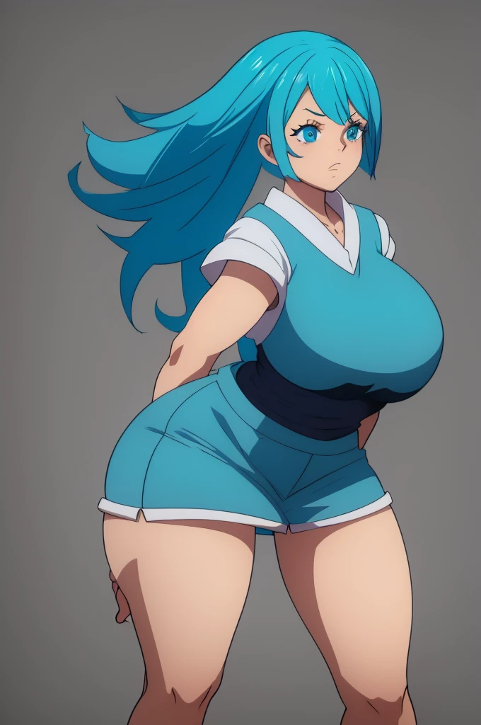 Short girl and has super big breasts and she has cyan blue hair and she wears tight school clothes and she is a little cute and has thick, strong and muscular glutes
