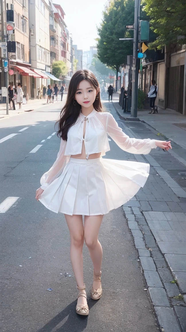 (work of art、8k、pieces fly、CRU photo:1.4)、high resolution、((located away from people))、((photo by full body, from face to feet))、big eyes and small face、Height: 155cm、beautiful japanese girl、Beautiful smiling girl'the smile、facing the front、stand with both feet together、Because I'fine tune、stand up with good posture、Residential area in the morning、realisitic、14 year old high school girl、bus stop、I was waiting alone、hang your school bag on your shoulder、、slim and delicate body、breasts small、Green Blazer Uniform、gals 、plaid hip skirt、young healthy teenager、Black knee-high socks、brown moccasins leather shoes、Use moccasins、please keep your feet on the ground、full body shot shot、full body shot shot、Elegant hairstyle details、とてもfine tune脚のラインを強調します