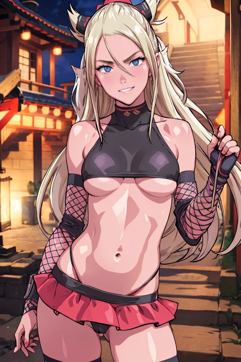 masterpiece, best quality, (1 girl), solo, wide hips, (small breasts), slutty grin, young girl, wide hips, ninja village, nighttime, detailed eyes, blonde, elegant hair, open mouth, ((wearing a slutty ninja outfit)), slutty, (very long hair), ((hair over one eye)), ((hair covering one eye)), curvy, nice hips, kunoichi, ((ninja girl)), ninja outfit, midriff, short skirt, (fishnet), underboob, kunoichi skirt, blonde hair