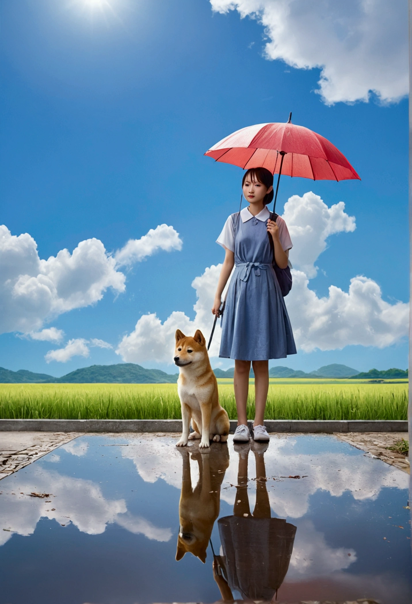 Shinkai Chengwei, Beautiful sky, rainy season, Reflection of light,umbrella,Shiba Inu puppy, Girl with shoes,Romantic Landscape, Healing scenes,hope, Summer Morning,Shinkai Chengwei,Detailed Description,