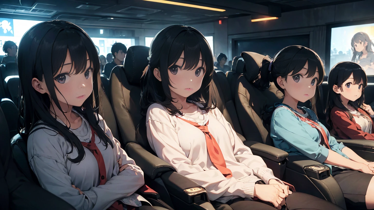 In a dark movie theater、A man sitting in the back seat watching a movie、The movie of life is playing on the screen