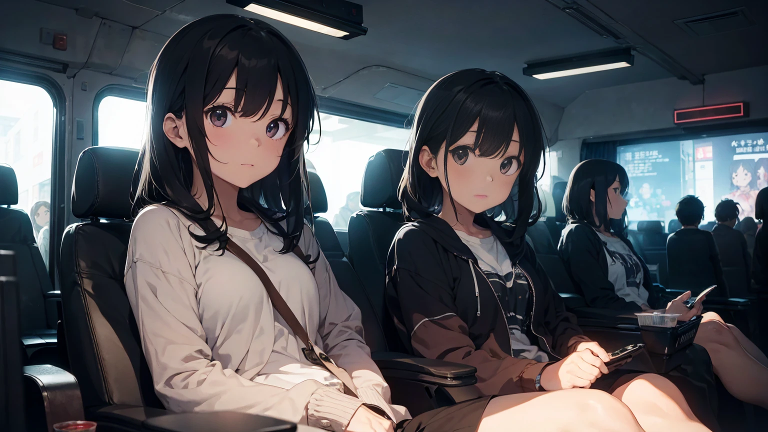 In a dark movie theater、A man sitting in the back seat watching a movie、The movie of life is playing on the screen