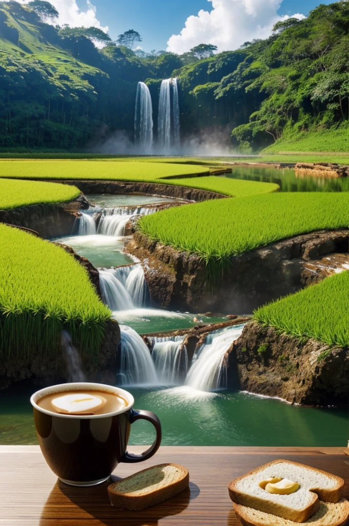 A cup of nescaffe and bread toast on the table with background paddy field with waterfall