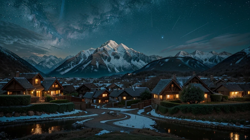 A picturesque village landscape set against majestic mountains, illuminated by a starry night sky. The stars twinkle brightly, creating a magical atmosphere reminiscent of Ghibli Studio's enchanting style. The village houses have warm, glowing lights, and the scene is filled with gentle, whimsical details that evoke a sense of wonder and tranquility.