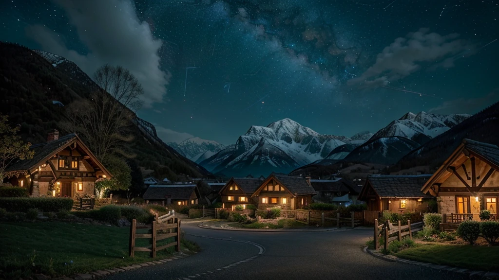 A picturesque village landscape set against majestic mountains, illuminated by a starry night sky. The stars twinkle brightly, creating a magical atmosphere reminiscent of Ghibli Studio's enchanting style. The village houses have warm, glowing lights, and the scene is filled with gentle, whimsical details that evoke a sense of wonder and tranquility.