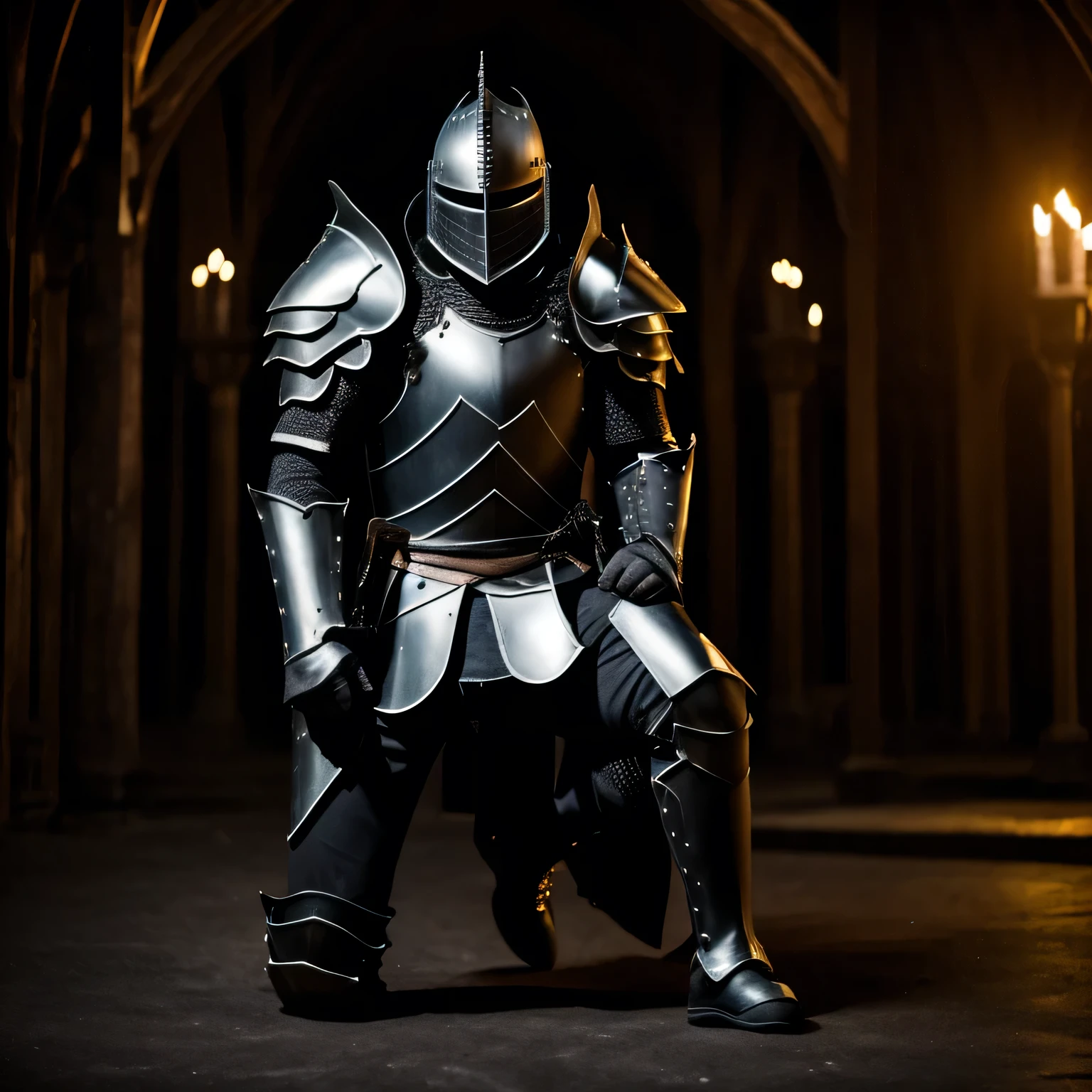 Knight kneeling in darkness black armor