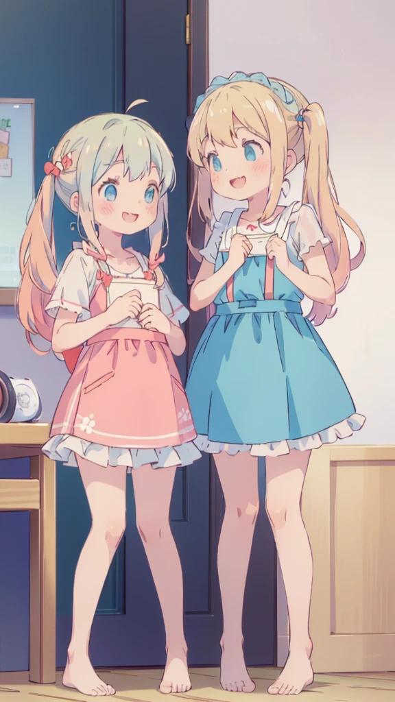 ((masterpiece))((Highest quality))girl、smile、blush、Flat Chest、Are thin、Blonde Hair、blush、Are standing、Whole body image、Eye level to the feet、front、No background、真frontのアングル、Blue clothes、Two-tone red and blue hair、Twin tails、Red Alice outfit
